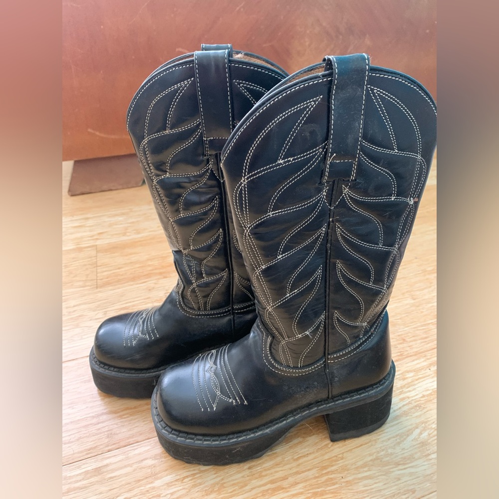 Fluevog F-shoe Hi vintage platform cowgirl boots sz 5 rockabilly black flames